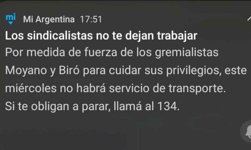 paro-de-transporte:-el-gobierno-utilizo-la-app-mi-argentina-para-criticar-a-los-gremialistas