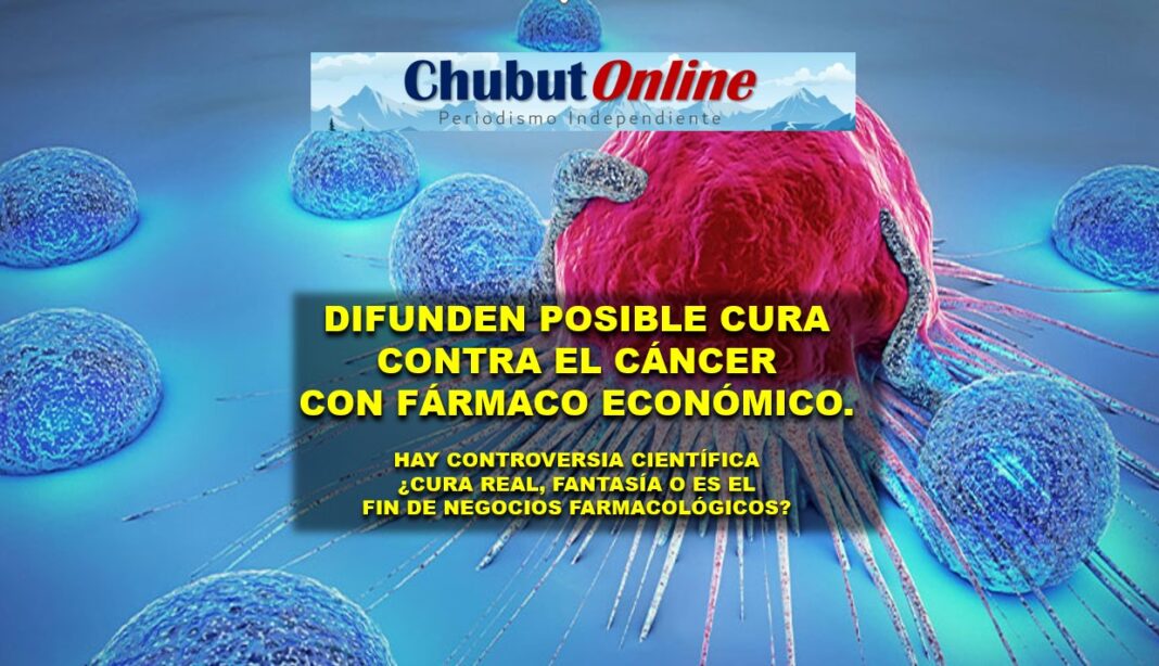 Ilustración de un frasco de pastillas con la etiqueta fenbendazol junto a un gráfico médico.