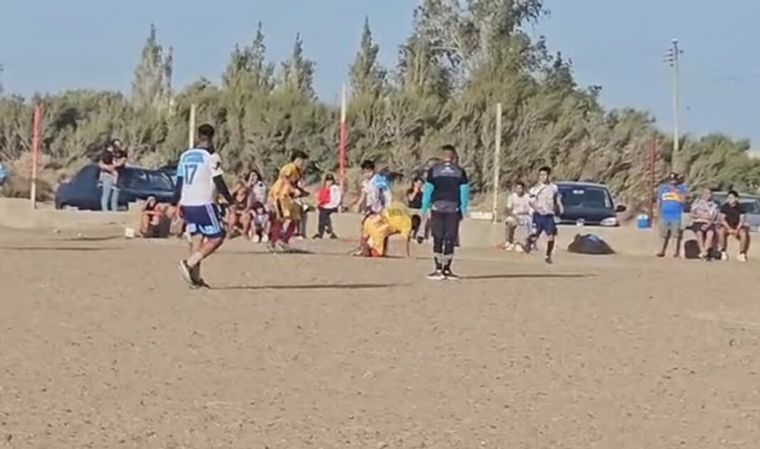 Ilustración de una cancha de fútbol barrial con el logo de la Liga Independiente de los Barrios de fondo.