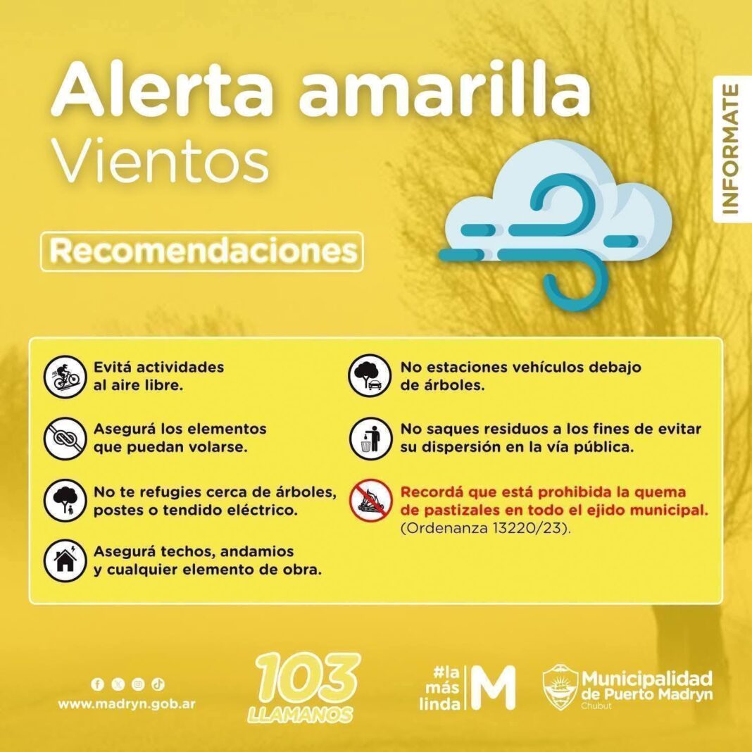 Vista de Puerto Madryn con cielo nublado y advertencia de vientos intensos