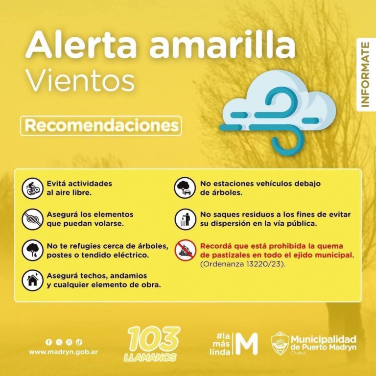 Vista de Puerto Madryn con cielo nublado y advertencia de vientos intensos