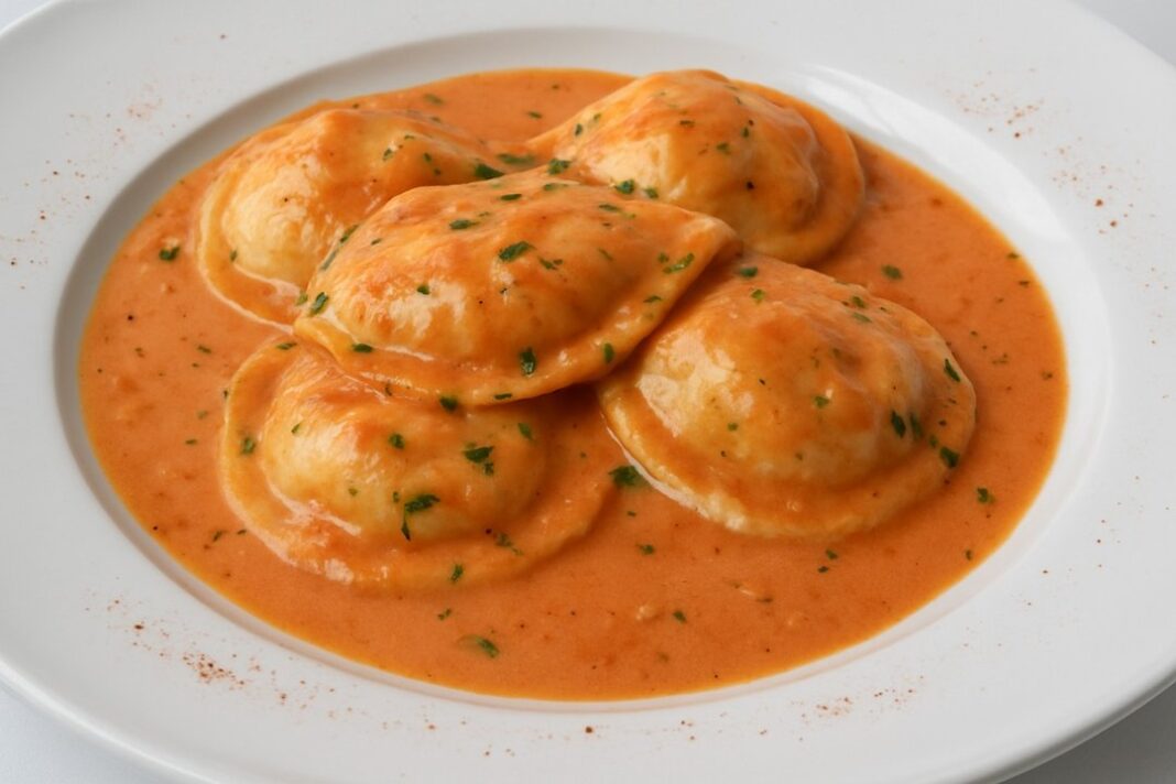 Sorrentinos de calabaza y cebolla caramelizada servidos en un plato, listos para comer.