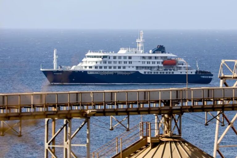 Crucero Ondus en el mar con fondo de icebergs y cielo nublado