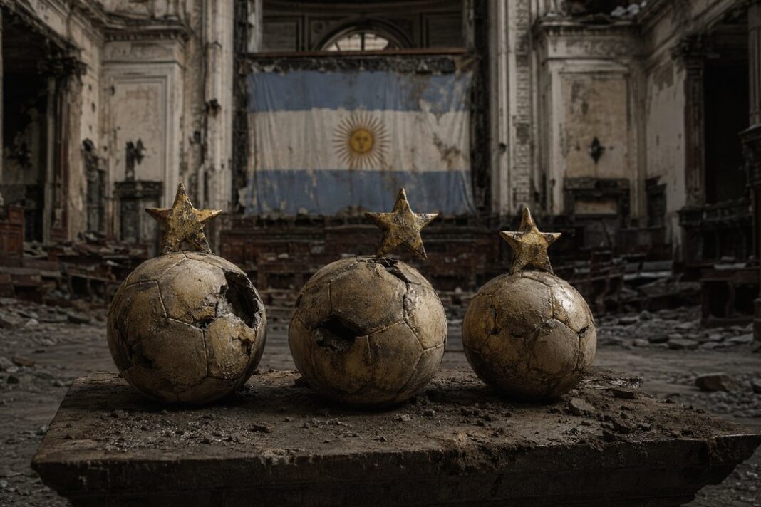 Tres estrellas de la selección argentina de fútbol sobre fondo celeste y blanco