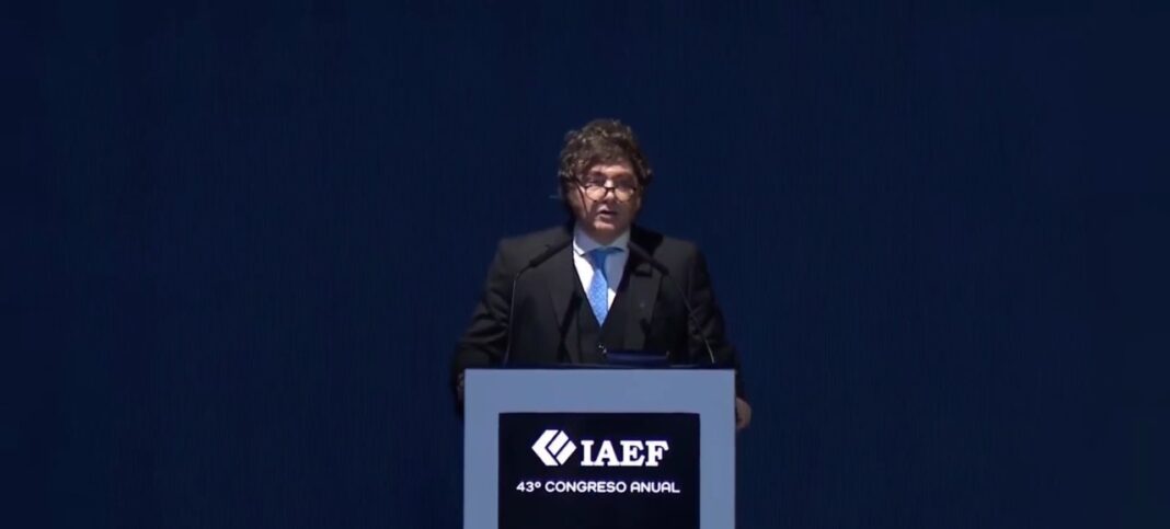 Javier Milei durante su discurso en el Congreso Anual del IAEF