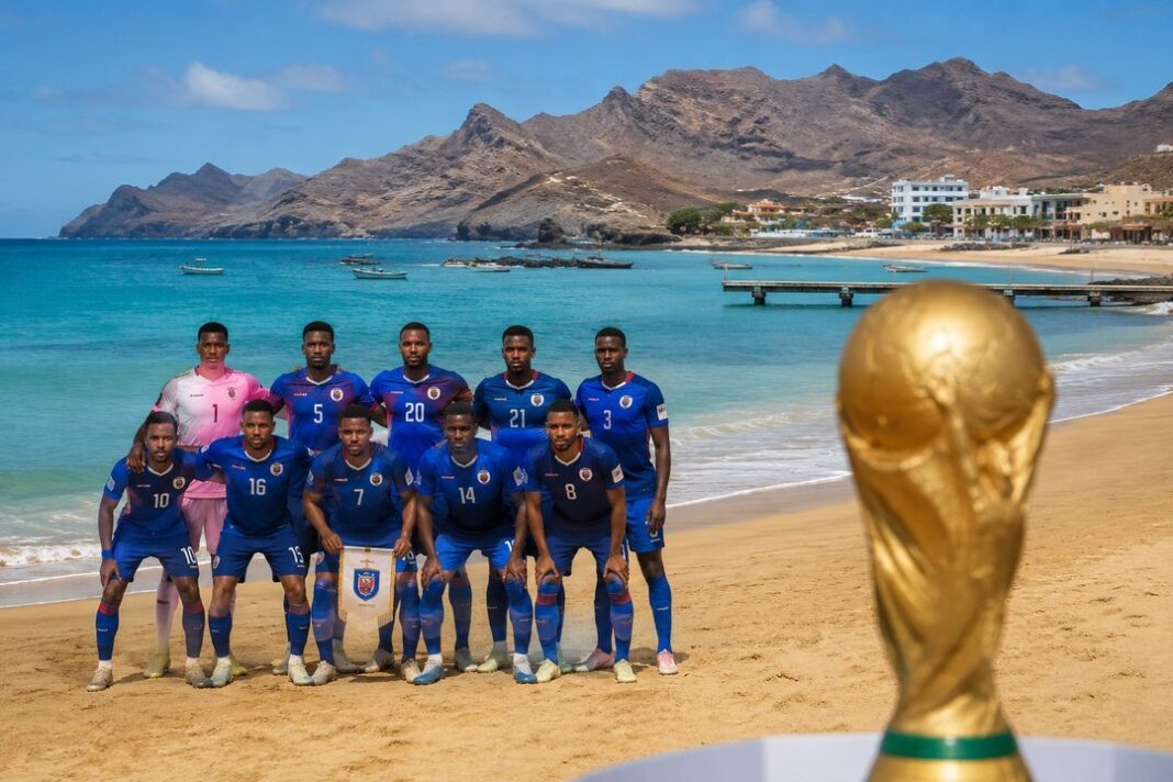 Jugadores de Cabo Verde celebrando en el campo de juego