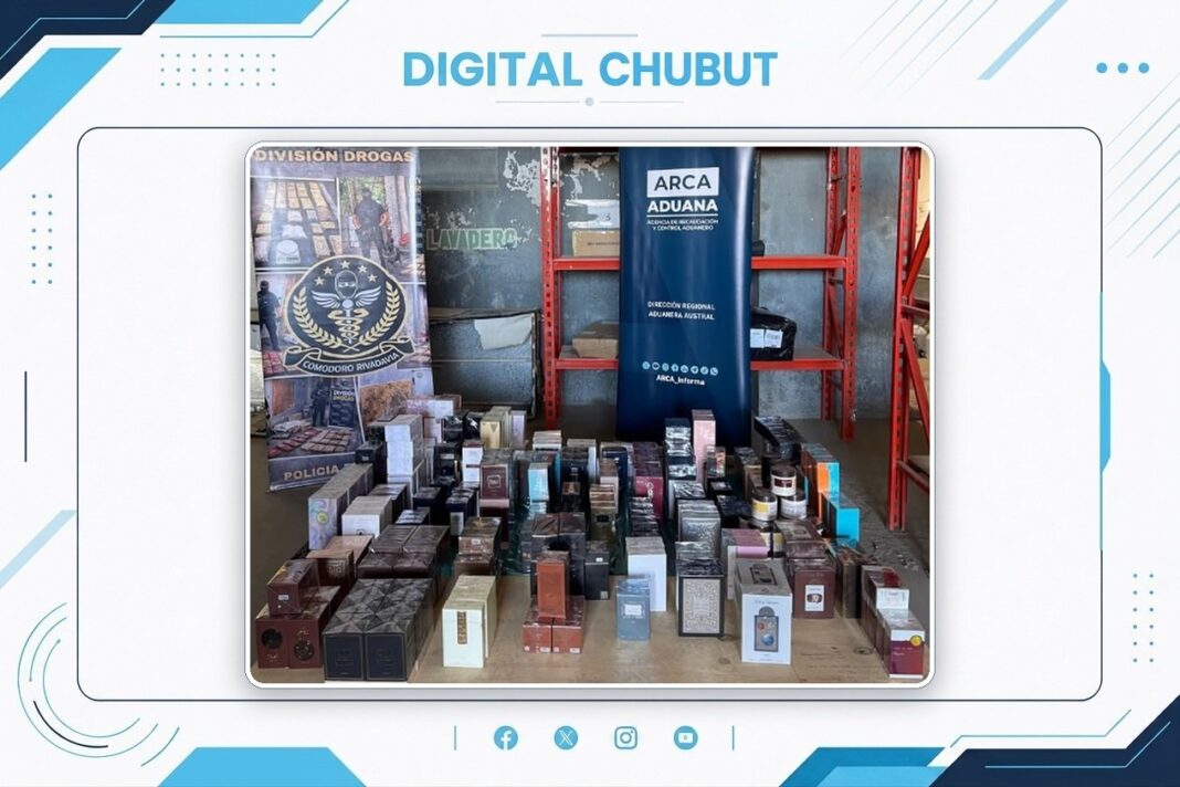 Perfumes importados decomisados en operativo aduanero en Comodoro Rivadavia
