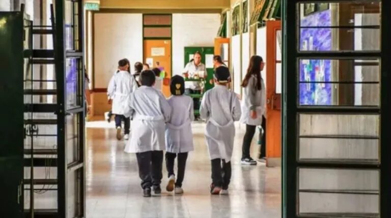Escuela en Neuquén con estudiantes ingresando al edificio