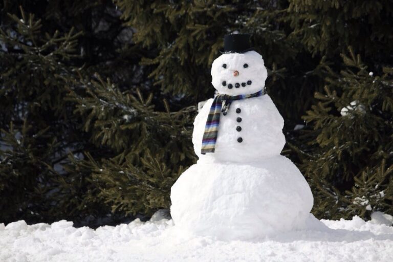Muñeco de nieve con una persona al lado para dimensionar su tamaño