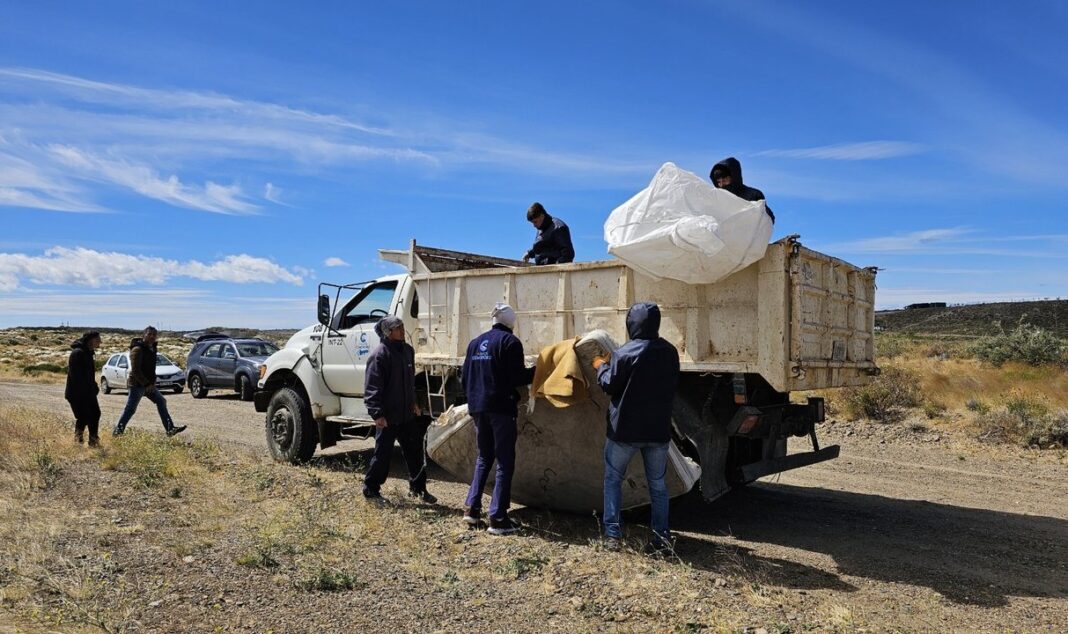 Equipos de limpieza municipal retirando residuos en una playa de Comodoro Rivadavia
