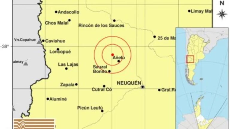 Mapa de epicentro de sismo en Añelo, Neuquén