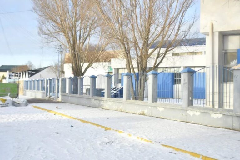 Vista de una escuela cubierta de nieve en Santa Cruz durante el temporal