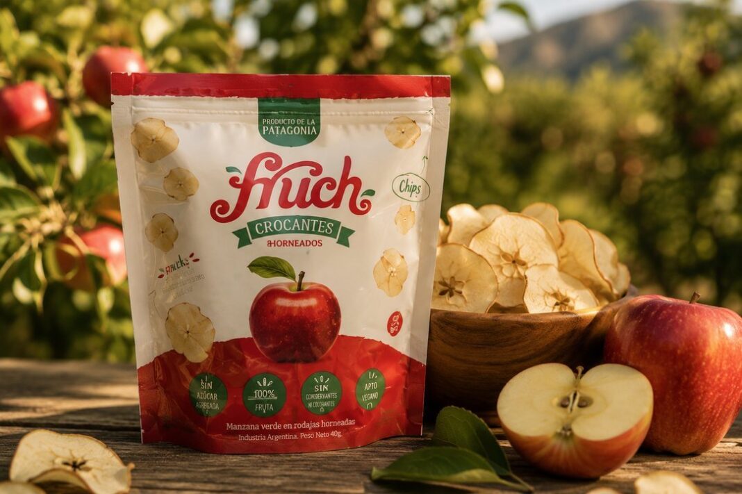 Paquetes de chips de manzana horneada de la marca Fruch Patagonia