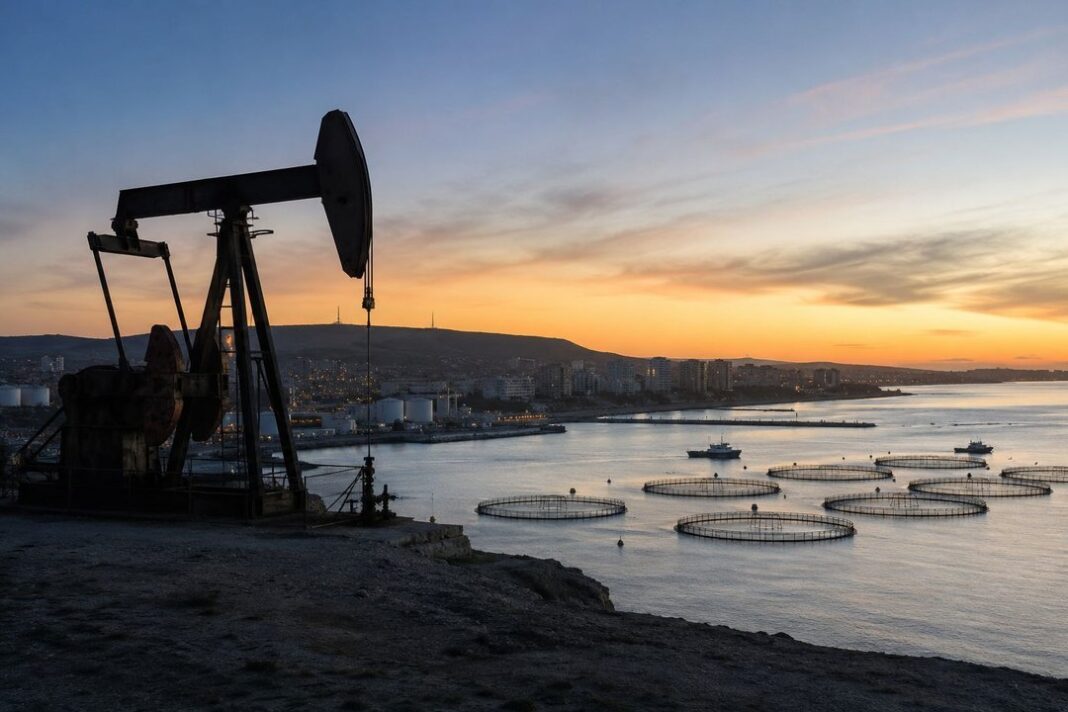 Vista panorámica de Comodoro Rivadavia con instalaciones industriales y el mar al fondo