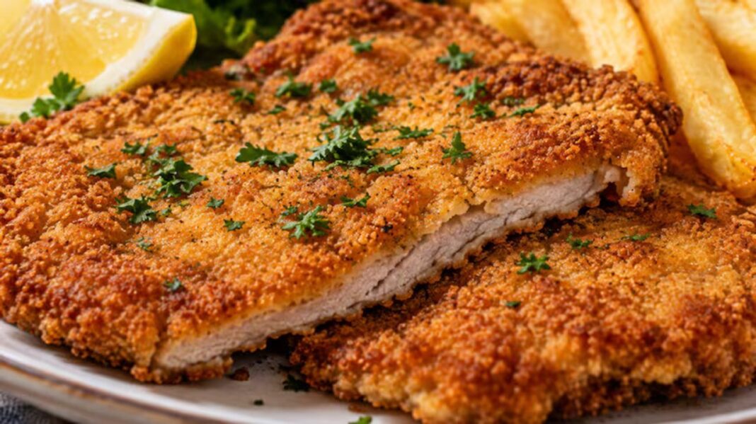 Schnitzel austríaco crocante servido con rodajas de limón
