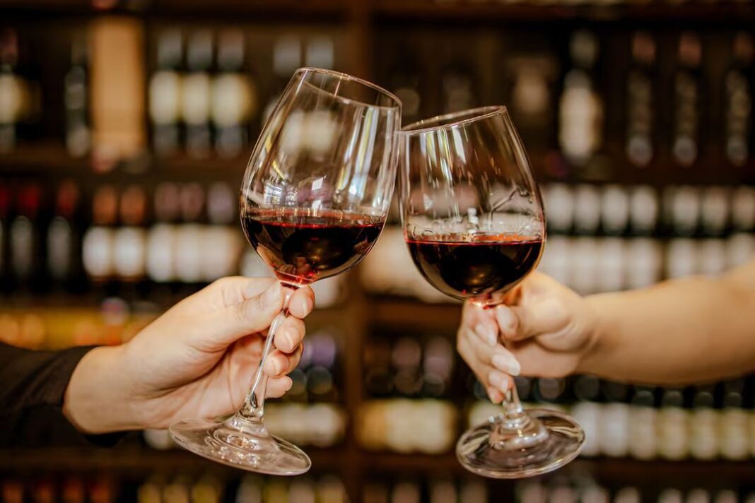 Interior de la feria Tierra, Mar y Vinos en Rada Tilly con stands de bodegas y asistentes degustando vinos