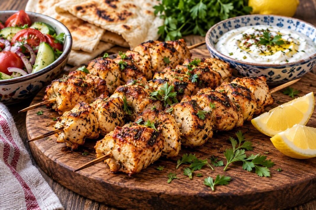 Brochettes de pollo doradas con marinado de yogur y especias sobre una tabla